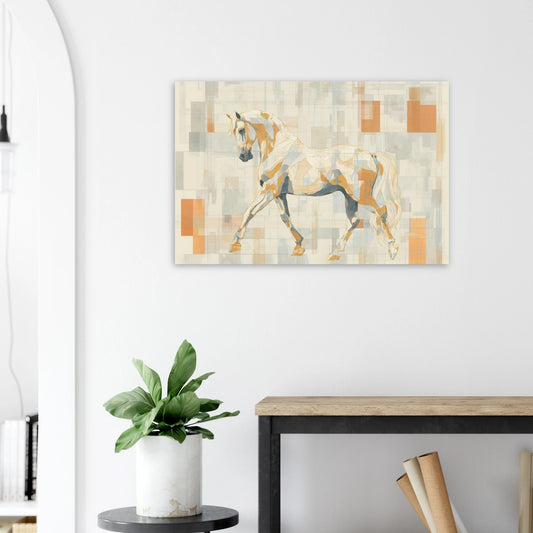 A geometric, modern-style illustration of a horse in motion, featuring warm amber tones and cool neutral shapes.