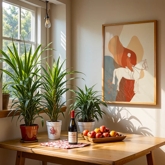 A bright, sunlit dining nook with a framed abstract equestrian print above a wooden table, surrounded by potted plants, fruit bowl, and warm natural wood accents.