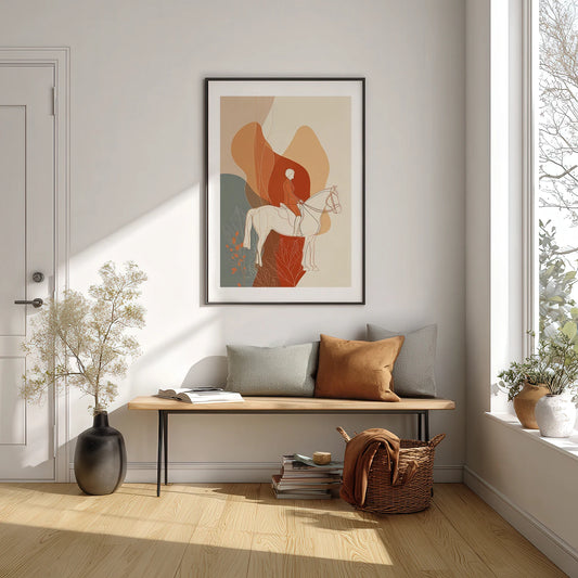 A minimalist sunlit entryway with a framed abstract equestrian print above a wooden bench, neutral cushions, a woven basket, and soft natural decor.