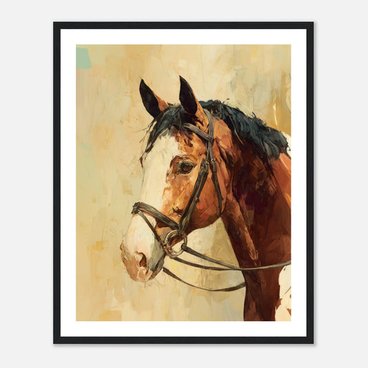 A chestnut horse with a white blaze and bridle painted in warm, textured brushstrokes against a soft abstract background.