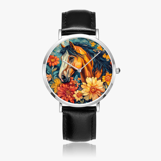 Stylish timepiece showcasing horse-themed dial graphic with leather strap