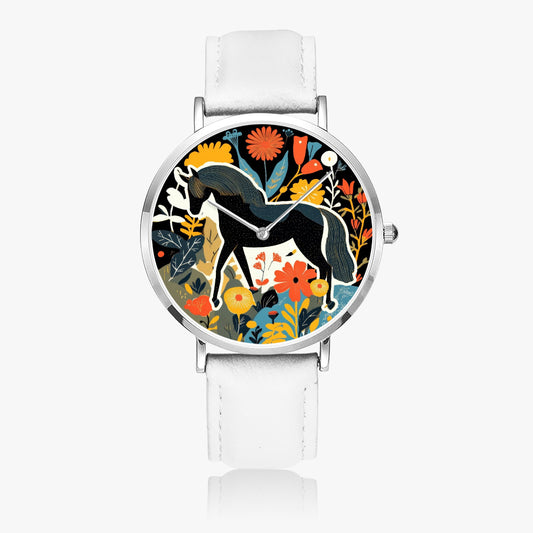 Stylish timepiece showcasing horse-themed dial graphic with leather strap