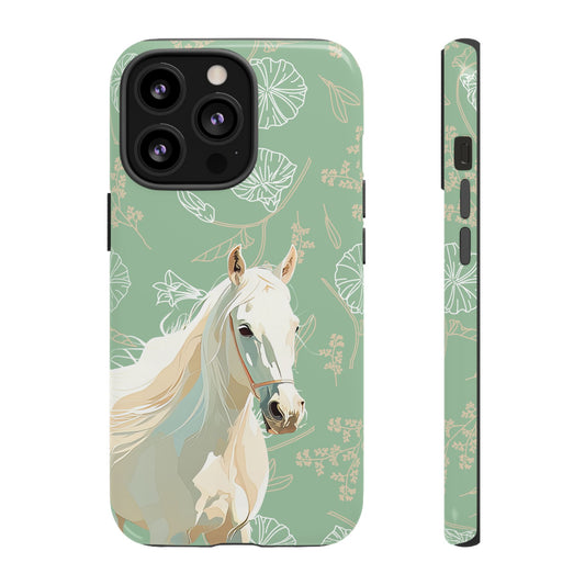 Phone case with a horse design on a pastel green floral background