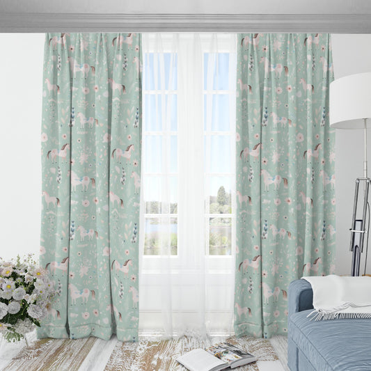 Floral Horses Blackout Curtains (Green)