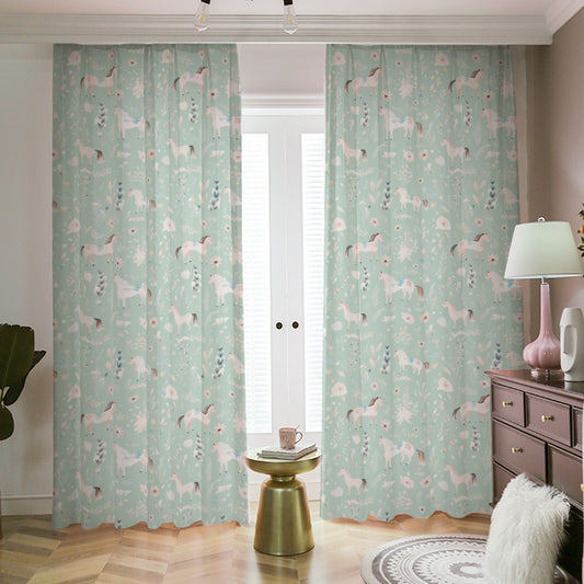 Floral Horses Blackout Curtains (Green)