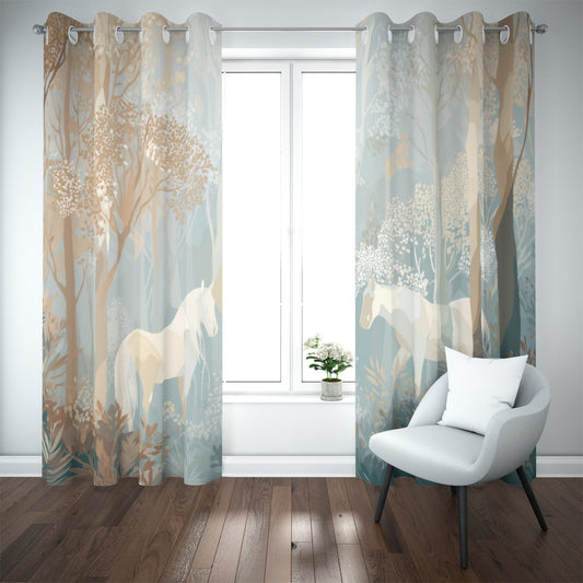 Decorative curtains with horse design in a living room setting
