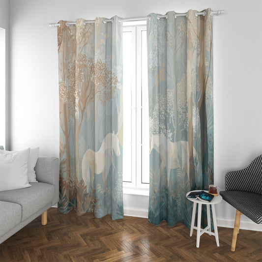 Decorative curtains with horse design in a living room setting