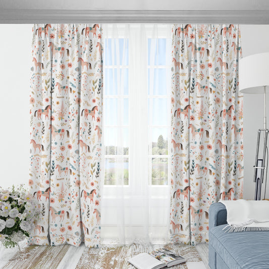 Floral Horses Blackout Curtains (White)