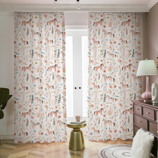 Floral Horses Blackout Curtains (White)