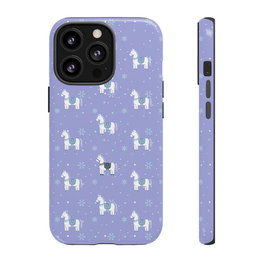 Phone case with white horse pattern on a light purple background