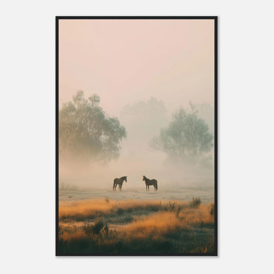 An art print of two horses standing in a misty golden field with tall grasses and soft morning light fading into distant trees.