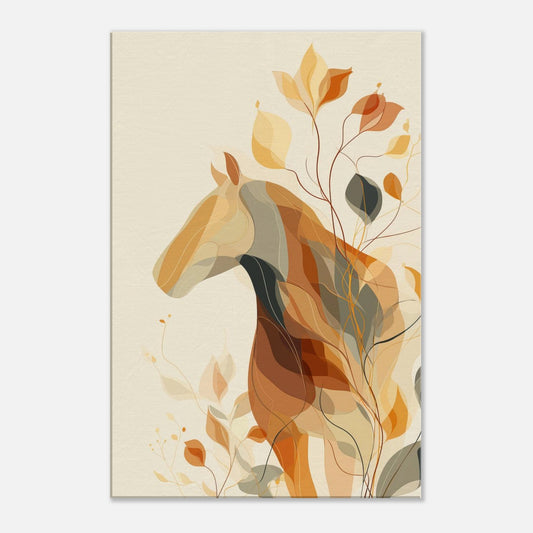 An abstract botanical horse illustration with flowing organic shapes in warm earthy tones and muted greens.