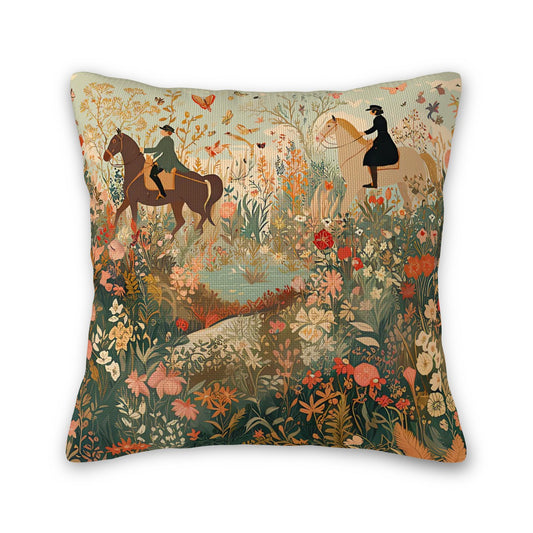 Decorative pillow with horse and rider design on a floral background