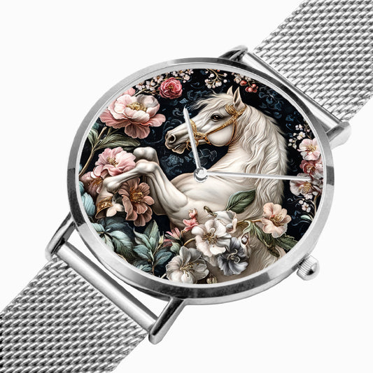 Premium silver stainless steel watch with horse graphic design for horse lovers