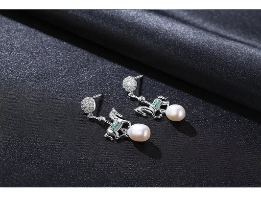 S925 Pearl Diamond Horse Dangle Earring