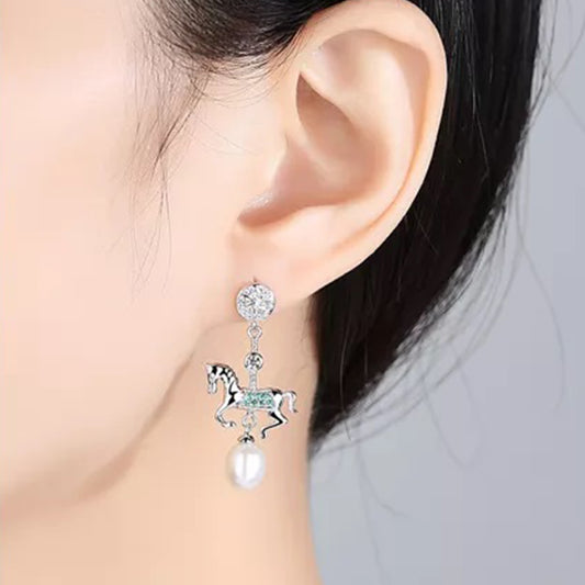 S925 Pearl Diamond Horse Dangle Earring