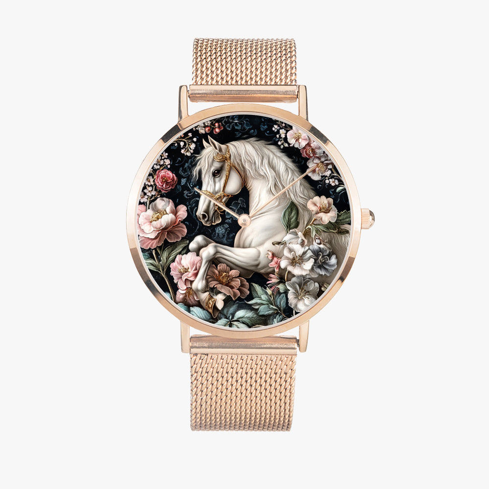 Premium rose gold stainless steel watch with horse graphic design for horse lovers
