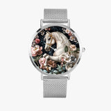 Premium silver stainless steel watch with horse graphic design for horse lovers