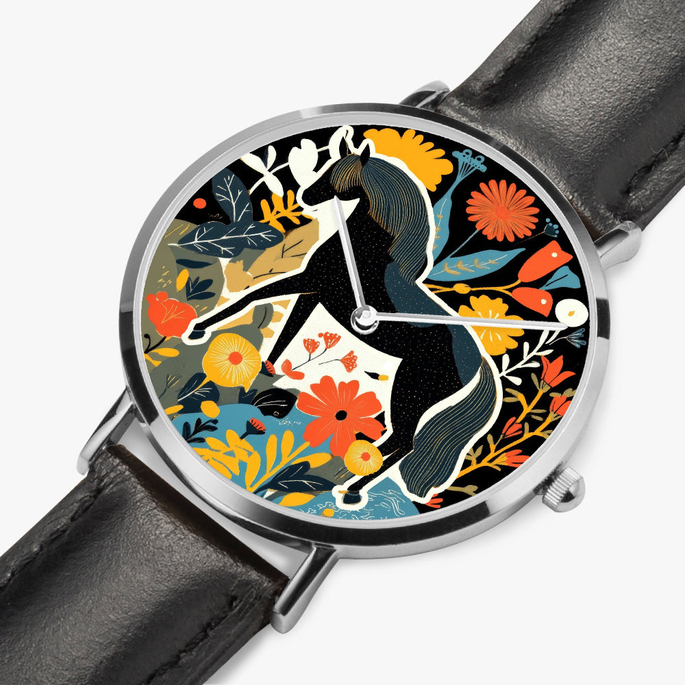 Stylish timepiece showcasing horse-themed dial graphic with leather strap