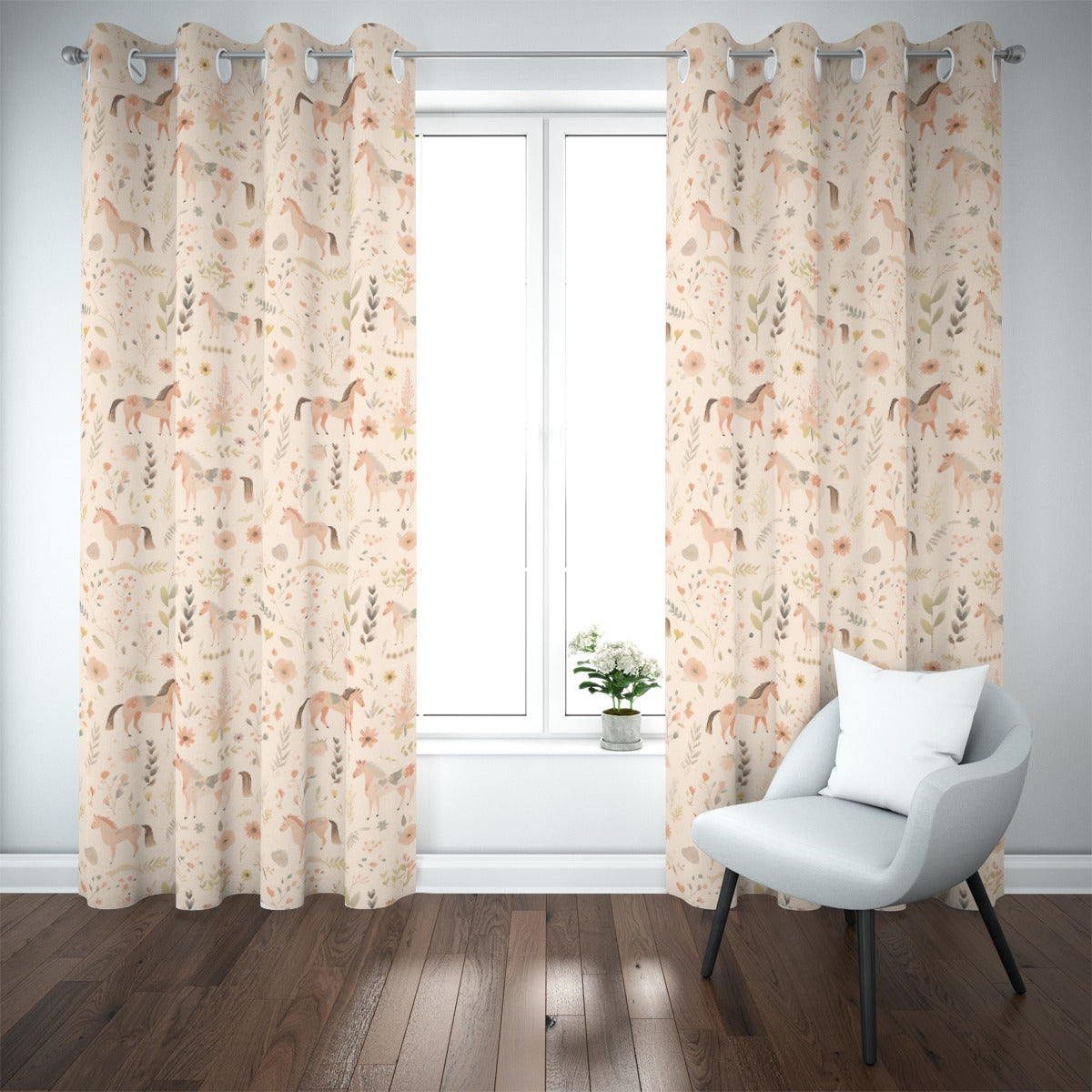Floral Horses Blackout Curtains (Beige)