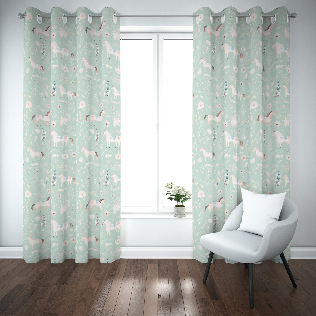 Floral Horses Blackout Curtains (Green)