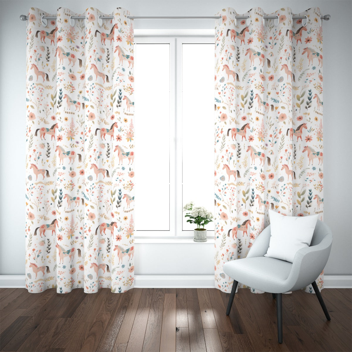 Floral Horses Blackout Curtains (White)