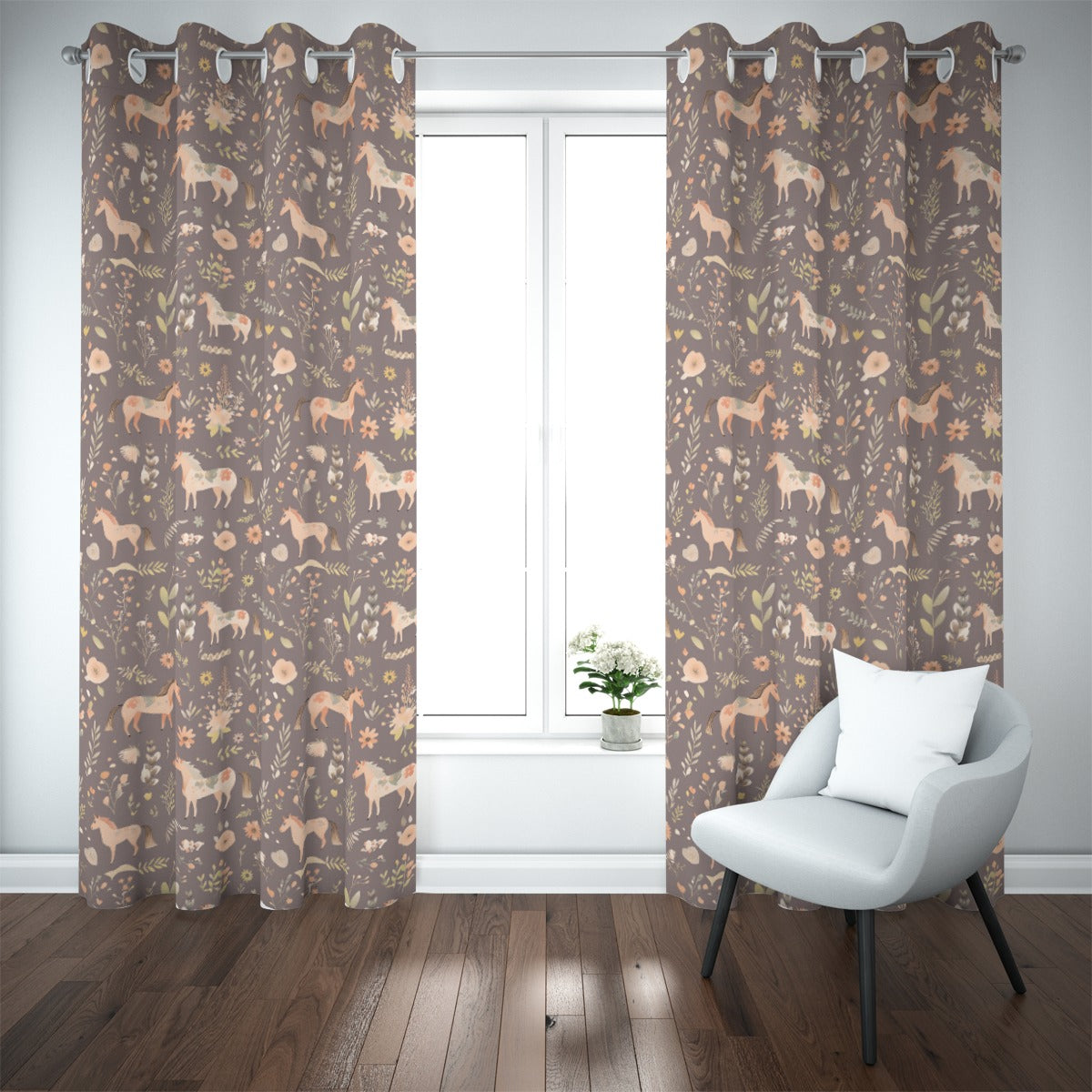 Floral Horses Blackout Curtains (Brown)