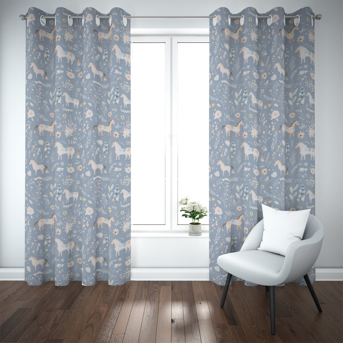 Floral Horses Blackout Curtains (Blue)