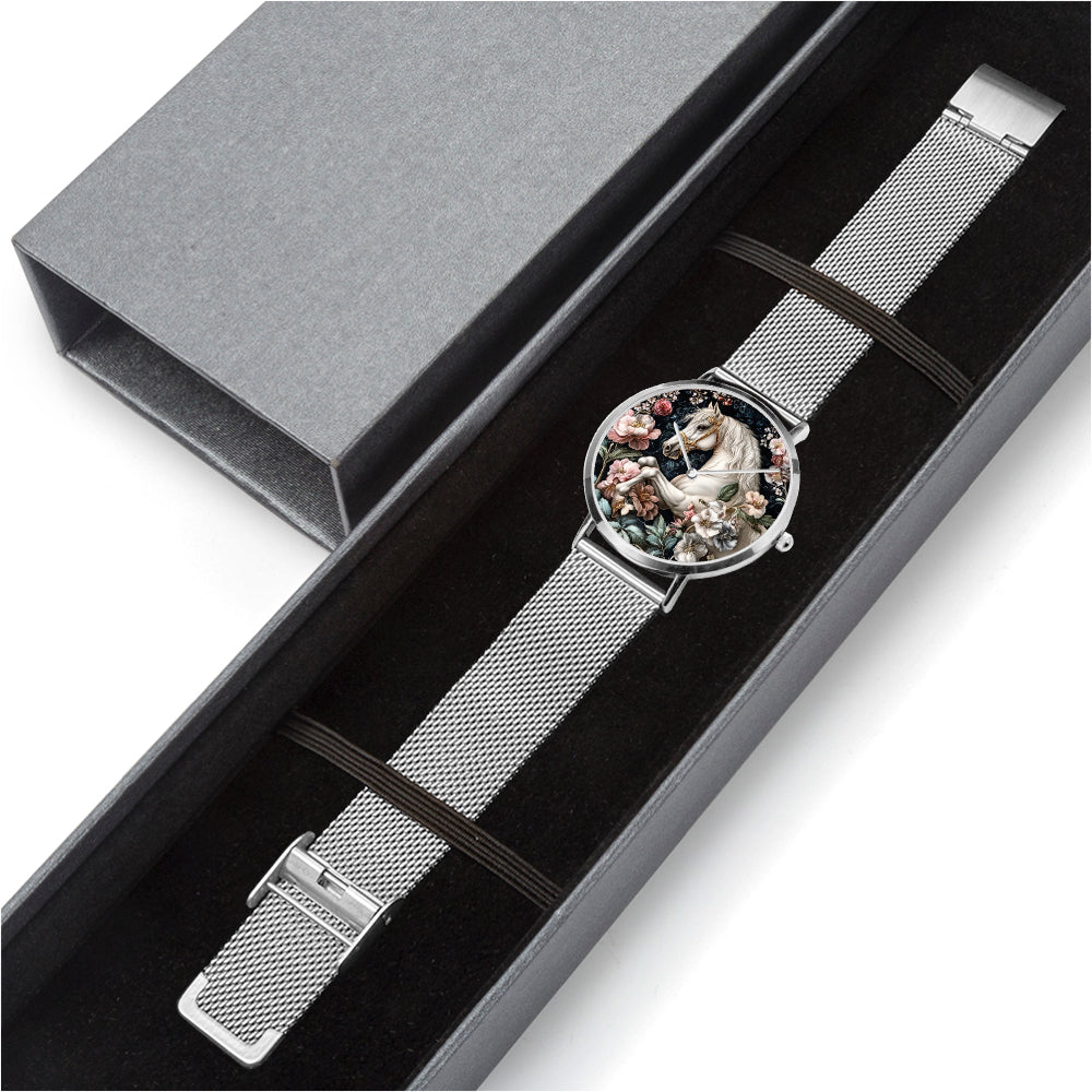 Premium silver stainless steel watch with horse graphic design for horse lovers