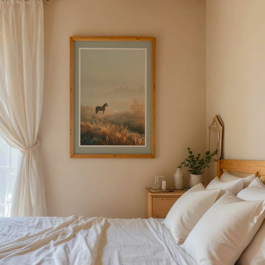 Bedroom with a horse painting on the wall, white curtains, and a bed with white bedding.