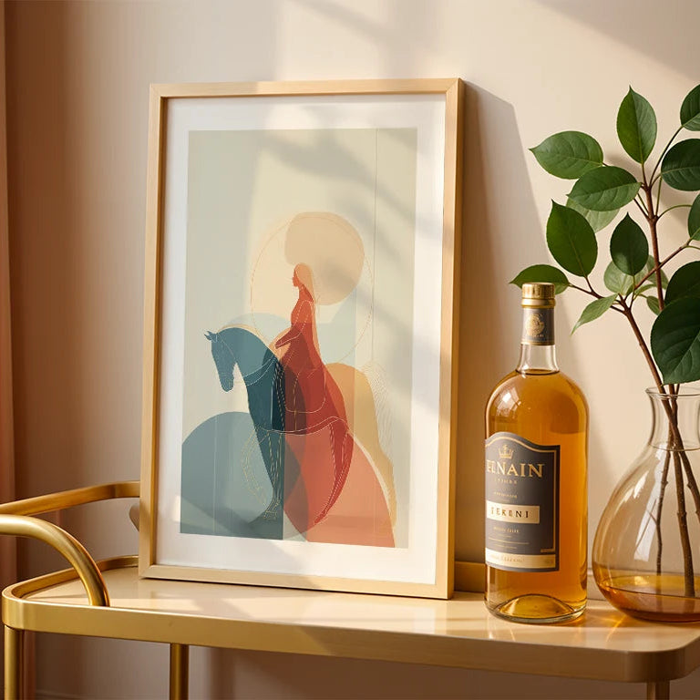 Framed abstract art on a table with a bottle of wine and a vase.