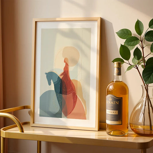 Framed abstract art on a table with a bottle of wine and a vase.
