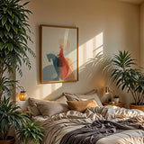 Cozy bedroom with plants, a bed, and a large window.