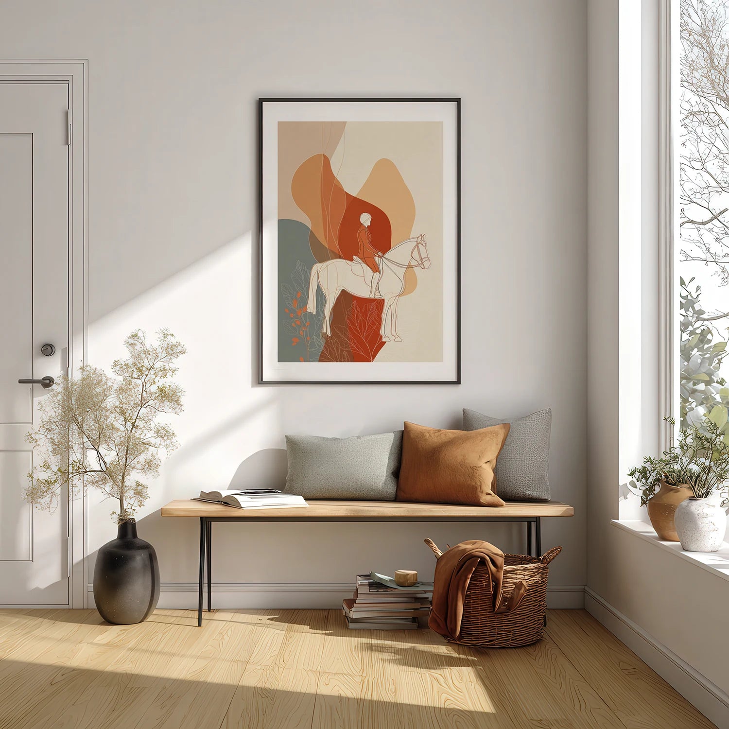 A minimalist sunlit entryway with a framed abstract equestrian print above a wooden bench, neutral cushions, a woven basket, and soft natural decor.


