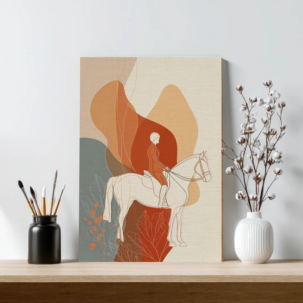 Abstract artwork of a person riding a horse on a wooden shelf with decorative items.