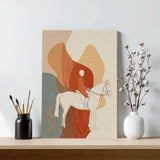 Abstract artwork of a person riding a horse on a wooden shelf with decorative items.