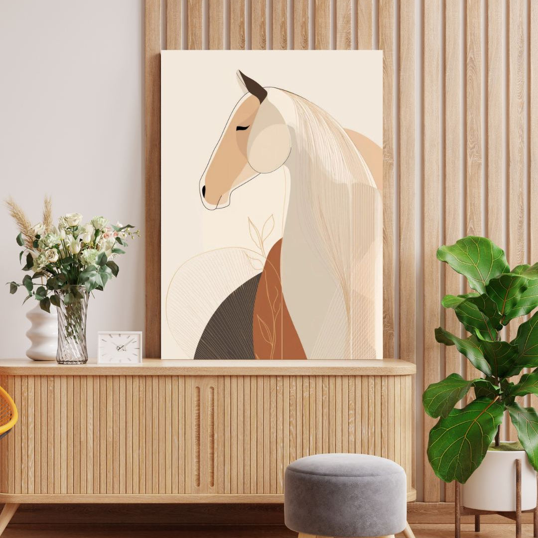 Abstract horse painting on a wall above a wooden cabinet with decorative elements.