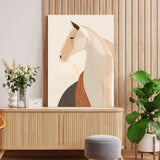 Abstract horse painting on a wall above a wooden cabinet with decorative elements.