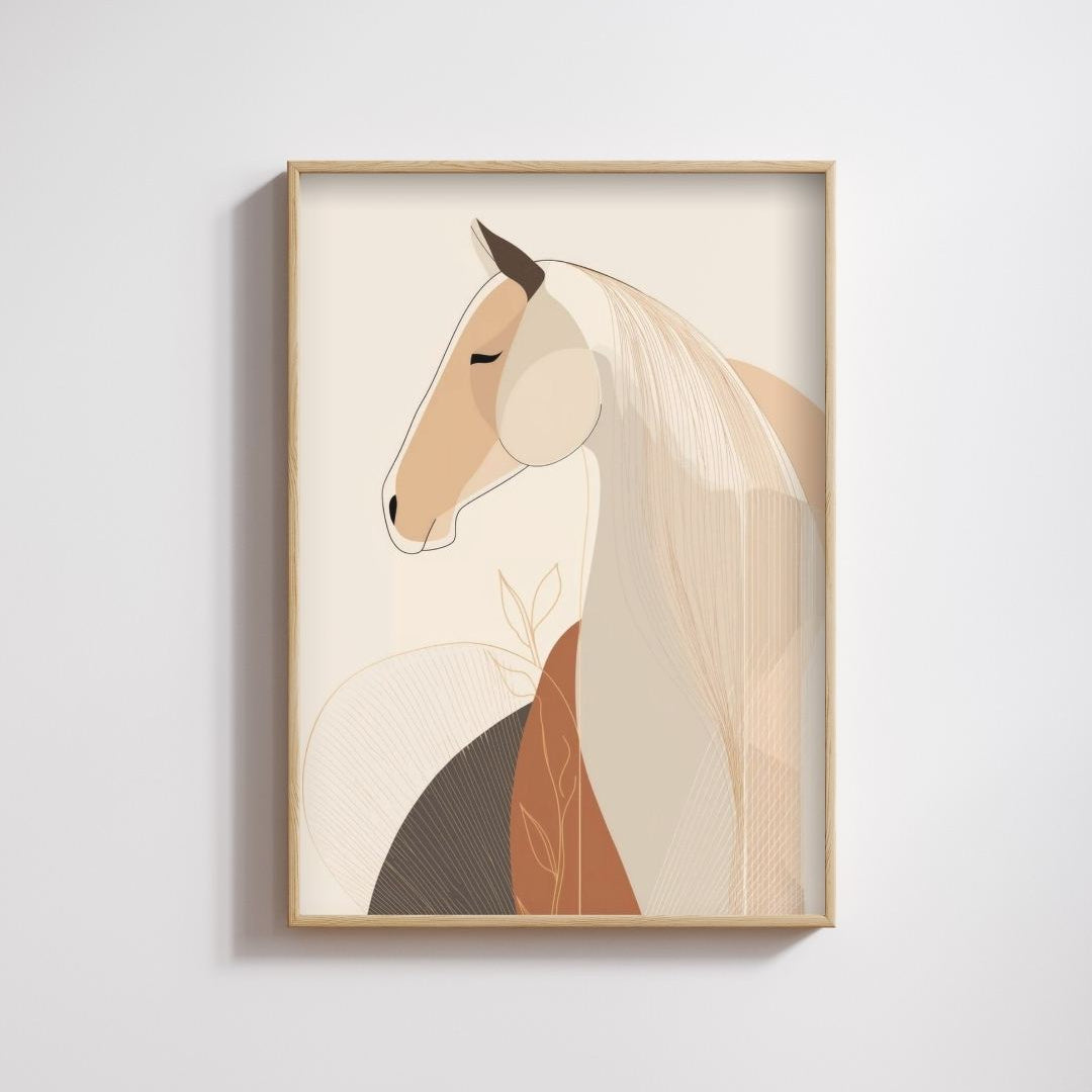 Framed abstract art of a horse on a light gray wall