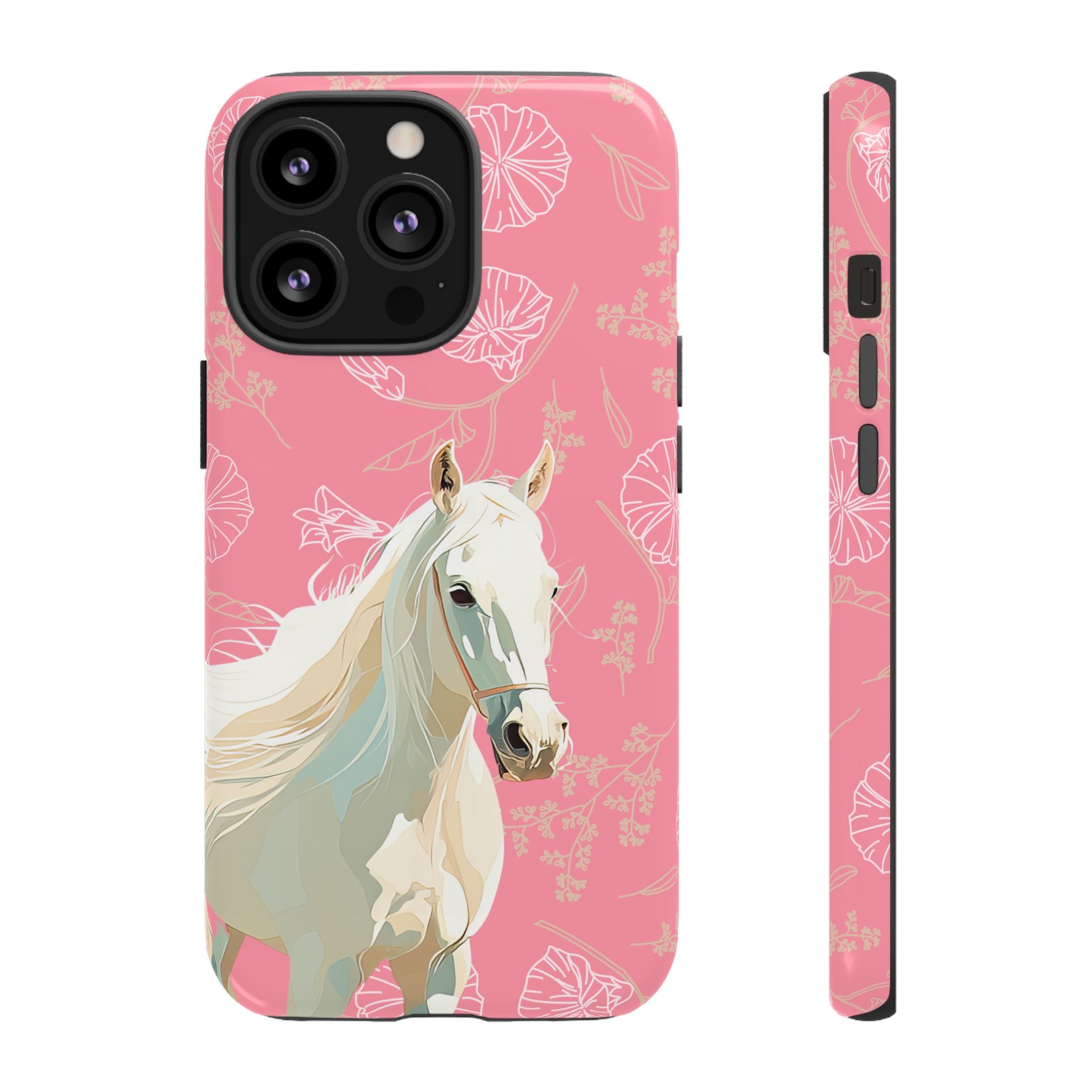 Phone case with a horse design on a pink floral background