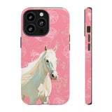 Phone case with a horse design on a pink floral background
