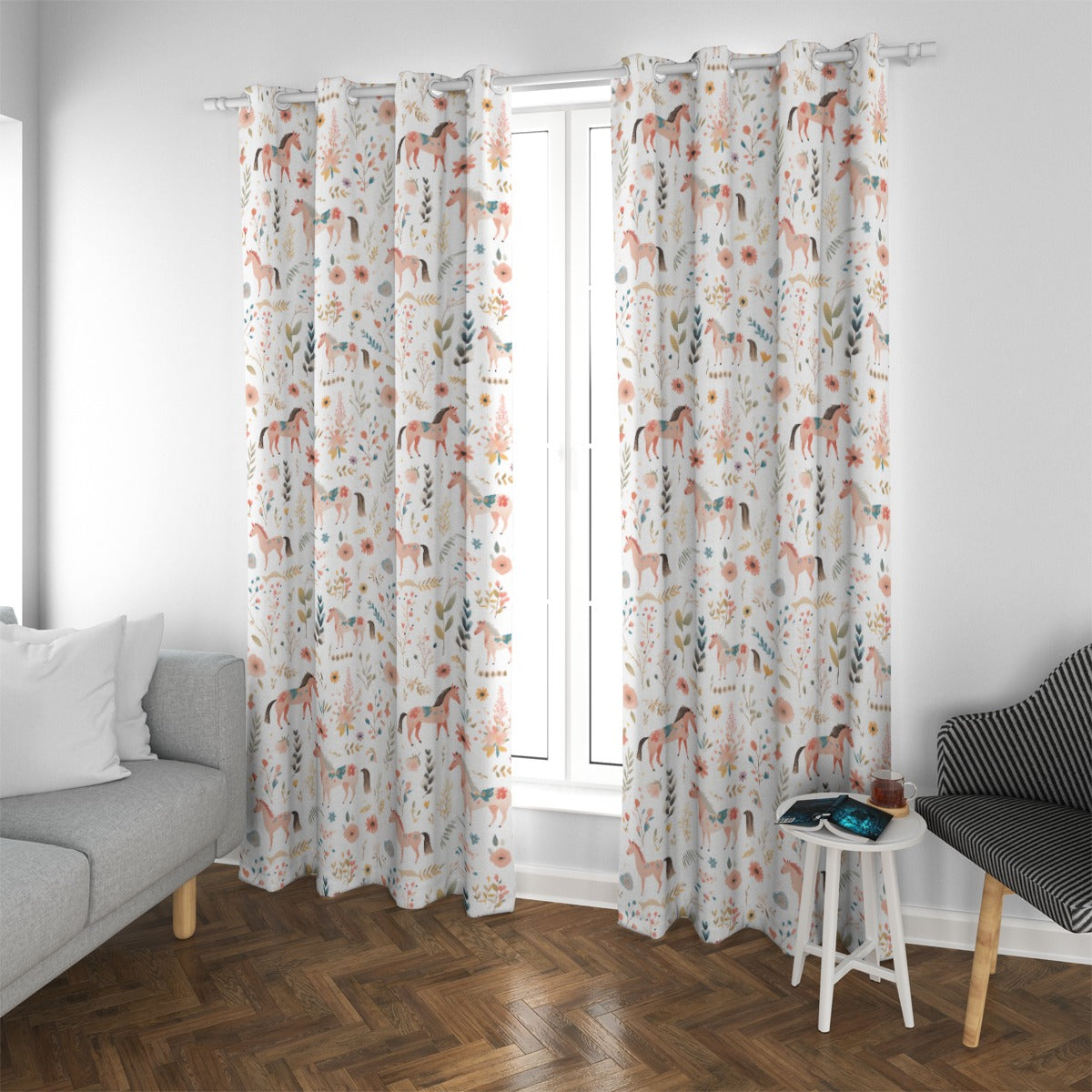 Floral Horses Blackout Curtains (White)