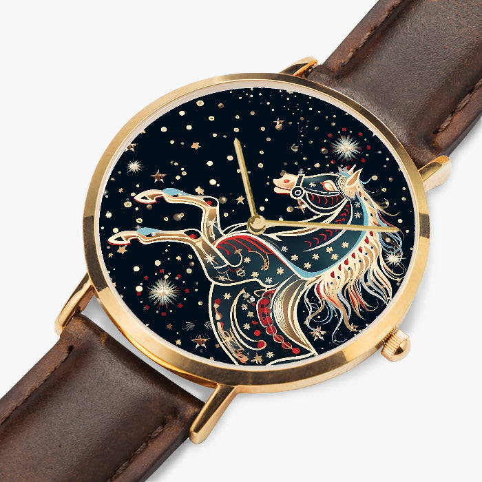 Stylish timepiece showcasing horse-themed dial graphic with leather strap