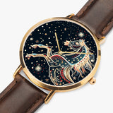 Stylish timepiece showcasing horse-themed dial graphic with leather strap