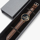 Stylish timepiece showcasing horse-themed dial graphic with leather strap