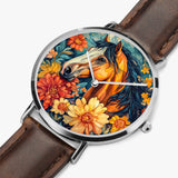 Stylish timepiece showcasing horse-themed dial graphic with leather strap