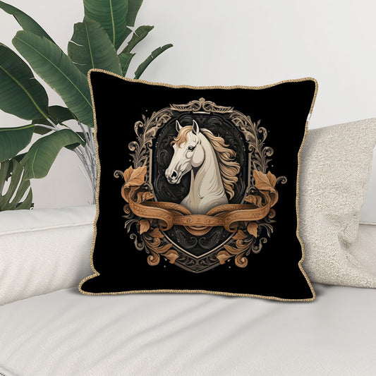 Decorative pillow with a horse design on a couch