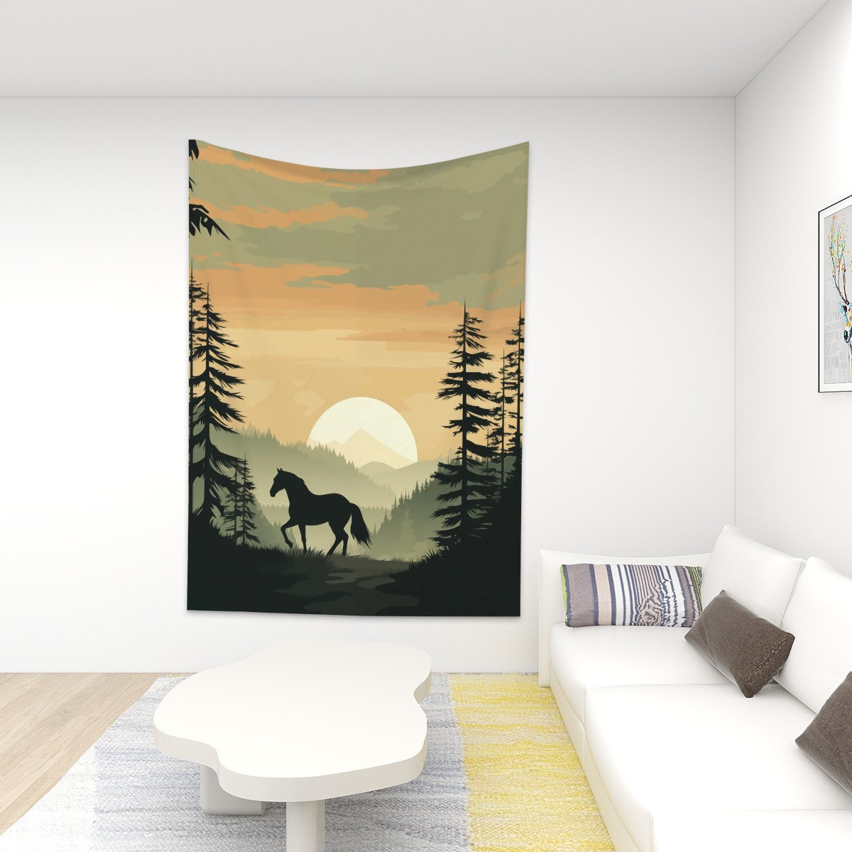 Wall tapestry with a horse and forest design hanging on a wall above a white sofa.
