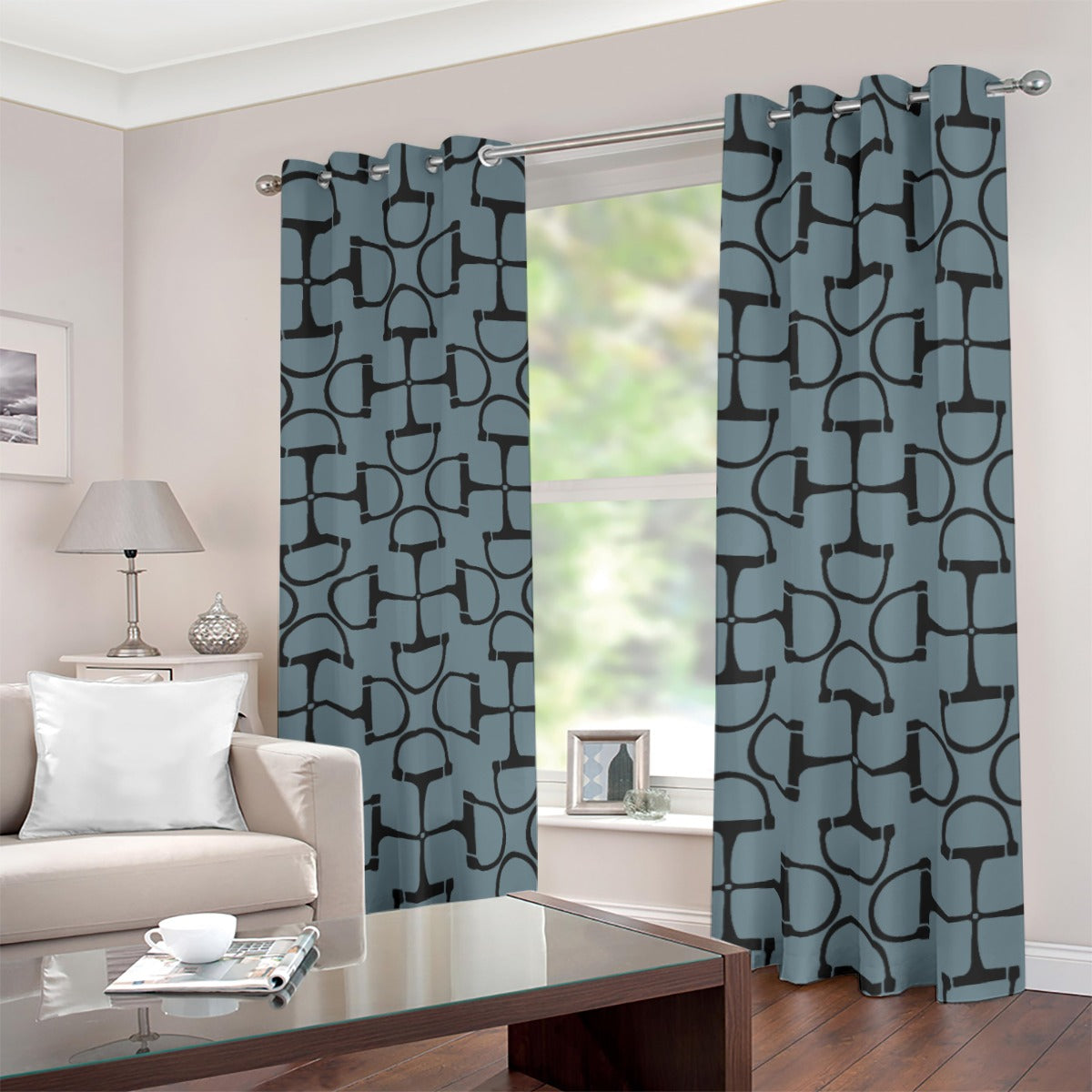 DRing Horse Bit Design Blackout Curtains (Blue)