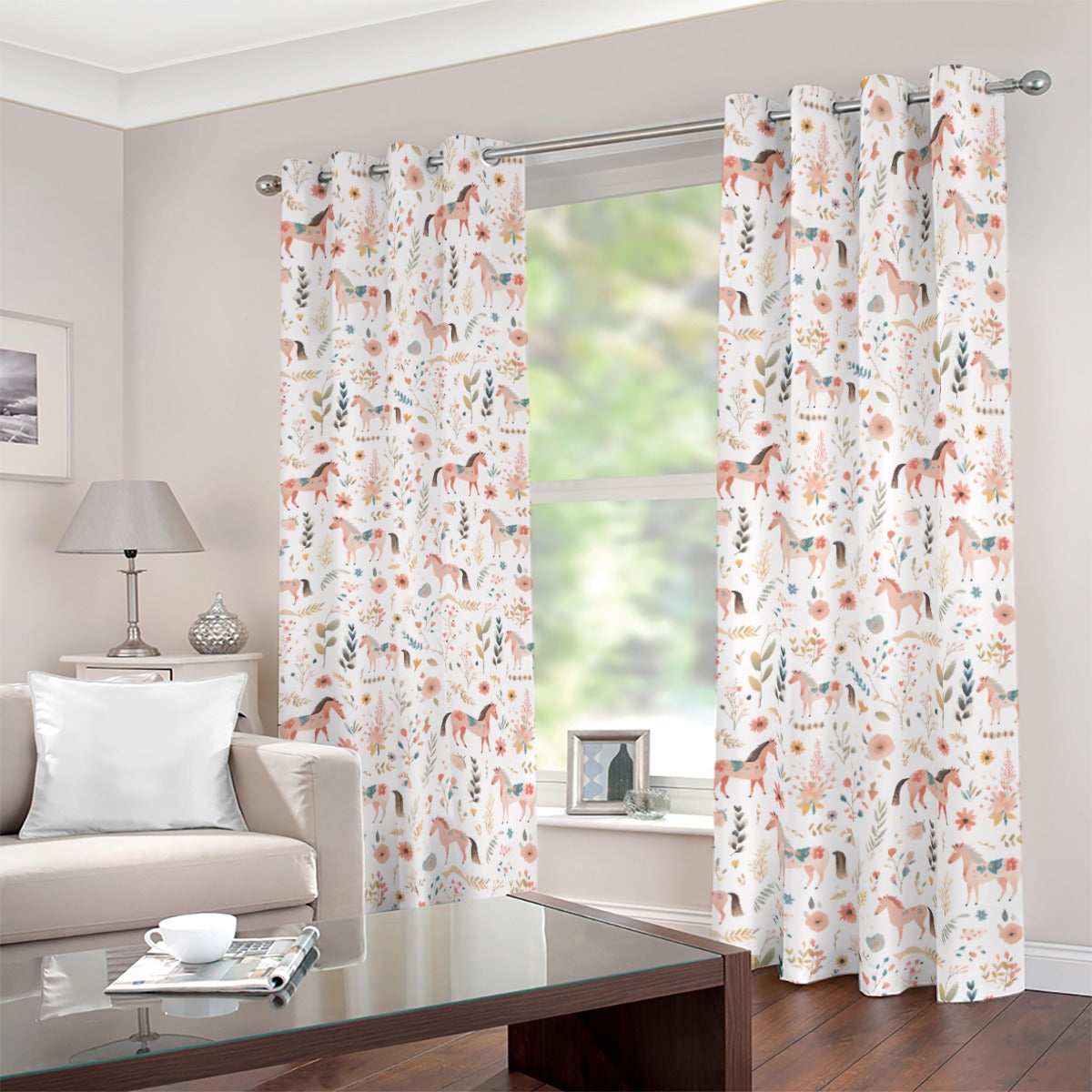 Floral Horses Blackout Curtains (White)